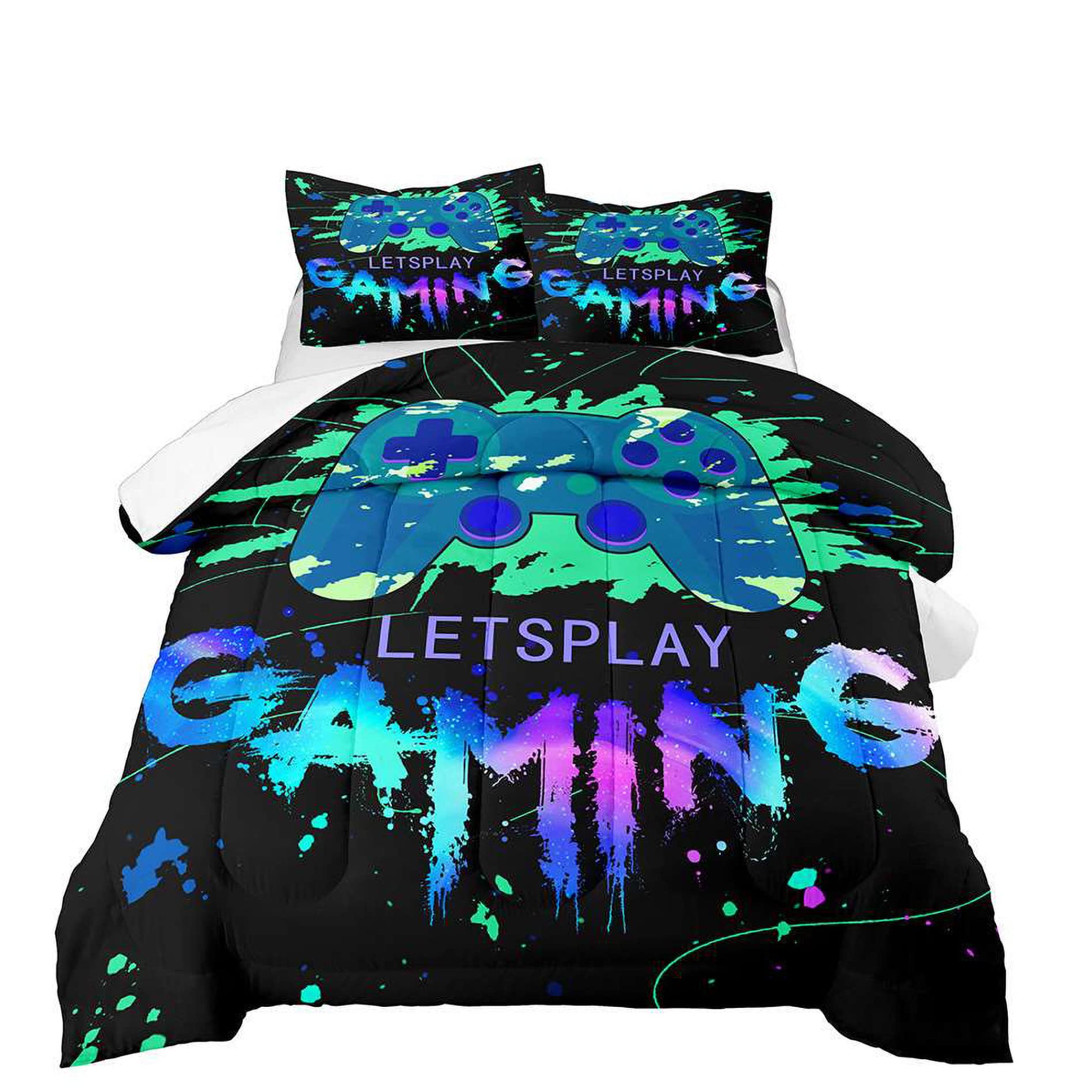 Kodhyvj Game Comforter Set Video Gaming Bedding Sets Gamer Room Decor Full Size Colorful Black Gamepad Soft Game Bedding Set For
